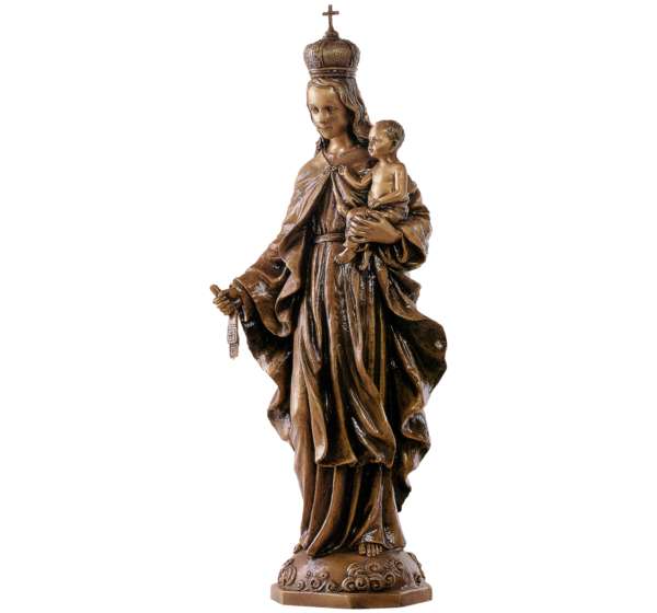 Imagen monumental de la Virgen del Carmen en bronce de 68 cm. Escultura de alta gama para decoración de panteones y mausoleos. Resistente a la intemperie y de gran detalle.