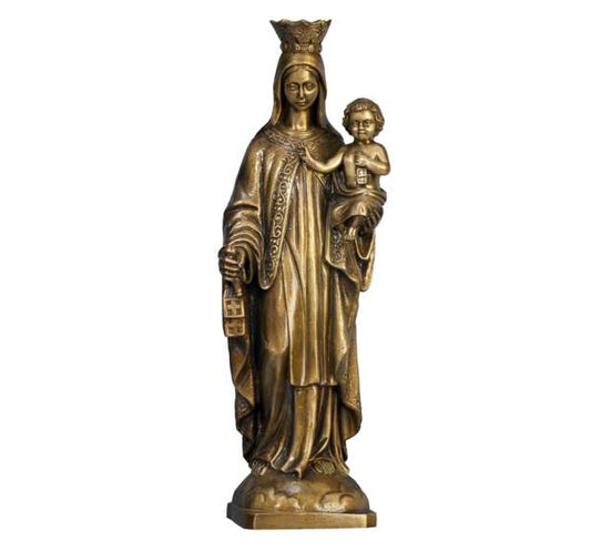 Imagen monumental de la Virgen del Carmen en bronce de 78 cm. Escultura de alta gama para decoración de mausoleos y panteones. Máxima resistencia y detalle artístico.