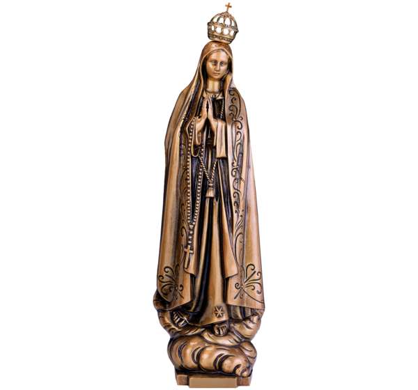 Imagen de la Virgen de Fátima en bronce de 68 cm. Escultura monumental de alta calidad para decoración de panteones y grandes monumentos. Resistente a la intemperie.