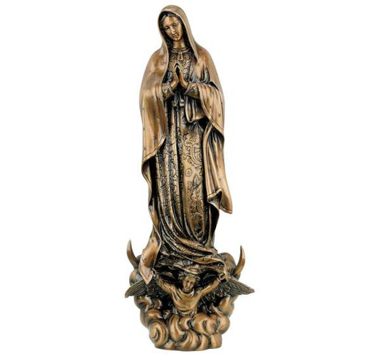 Imagen monumental de la Virgen de Guadalupe en bronce de 80 cm. Escultura artística de alta gama para panteones y mausoleos. Resistencia total a la intemperie.