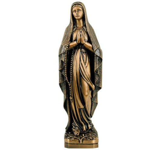 Imagen de la Virgen de Lourdes en bronce de 50 cm. Escultura de alta gama para la decoración de panteones, mausoleos y tumbas. Máxima resistencia y acabado artístico.