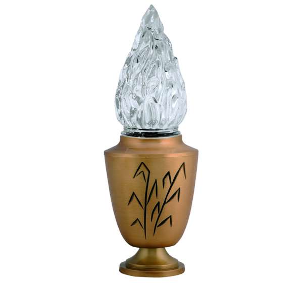 Farol funerario de bronce para lápidas con decoración de espigas y luz a pilas. Portavelas resistente para exterior, diseño clásico y envío a toda España.