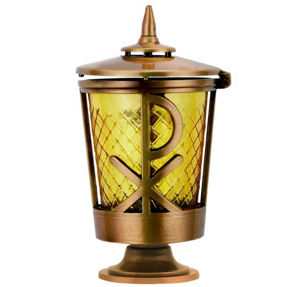 Farol funerario de bronce para lápidas con vaso de cristal. Portavelas resistente y duradero para exterior, diseño clásico y envío a toda España.