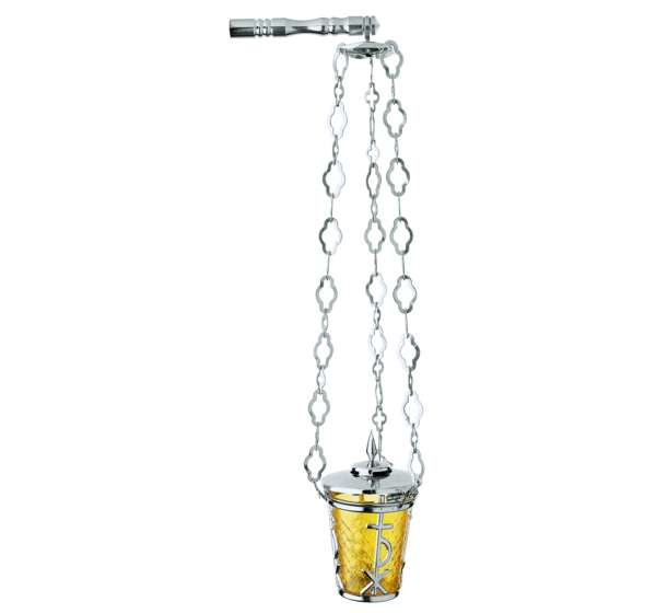 Farol colgante funerario de acero inoxidable con vaso de cristal. Porta velas resistente para exterior, ideal para lápidas y panteones. Envío a toda España.