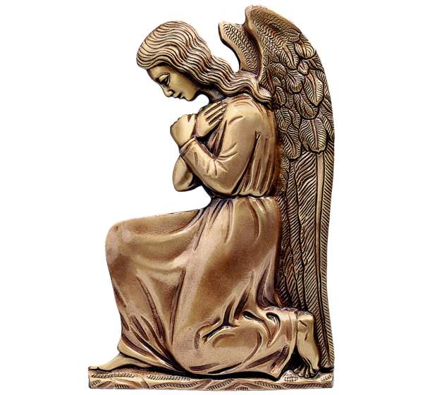 Figura de ángel arrodillado en bronce fundido de 32,5 cm (Ref. BR 5200). Instalación mediante taladro con pernos ocultos para máxima seguridad antirrobo en lápidas.