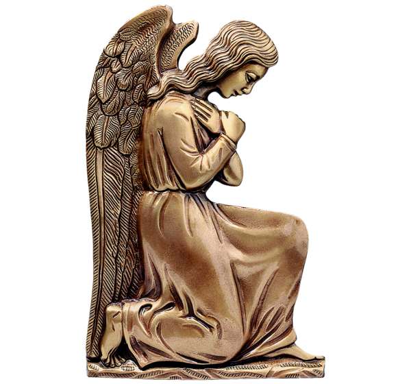 Figura de ángel arrodillado en bronce fundido de 32,5 cm (Ref. BR 5200). Instalación mediante taladro con pernos ocultos para máxima seguridad antirrobo en lápidas.