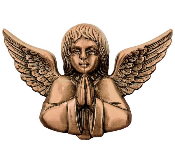 Figura de ángel de la guarda rezando en bronce (13 cm, Ref. BR 2056). Instalación mediante taladro con pernos ocultos para máxima seguridad antirrobo en lápidas.