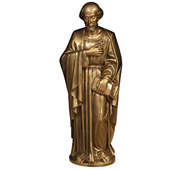 Imagen religiosa de San Pedro en mármol sintético modelo MR 6072, diseñada para la decoración de lápidas, nichos y arte funerario con acabado de alta resistencia.