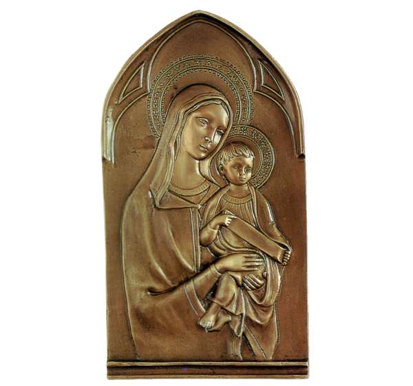 Precioso icono en relieve de la Virgen María con el Niño Jesús en bronce (36 cm). Un aplique central de gran formato y belleza eterna para lápidas y panteones.