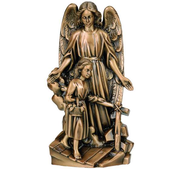 Imagen del Ángel de la Guarda en bronce fundido de 40 cm (Ref. BR 5042). Instalación mediante taladro con pernos ocultos para máxima seguridad antirrobo en lápidas.