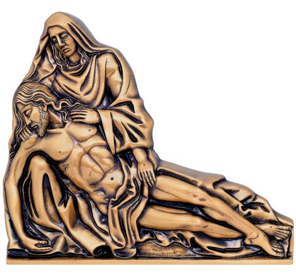 Imagen de La Piedad en bronce fundido de 45 cm (Ref. BR 5425). Instalación mediante taladro con pernos ocultos para máxima seguridad antirrobo en lápidas.