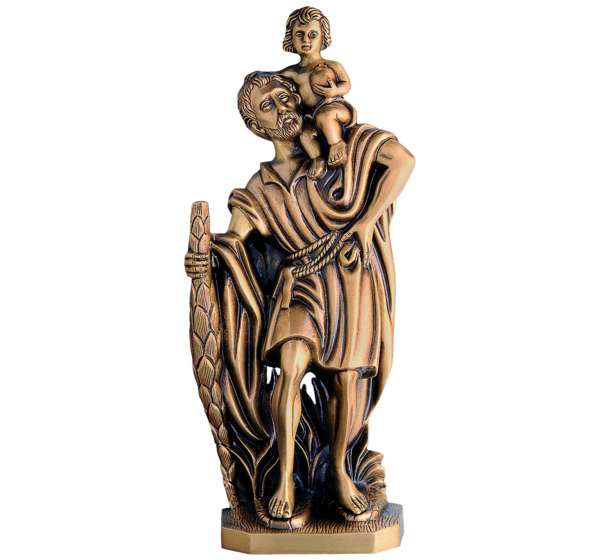 Imagen de San Cristóbal en bronce fundido de 38 cm (Ref. BR 5394). Instalación mediante taladro con pernos ocultos para una fijación de alta seguridad en lápidas.