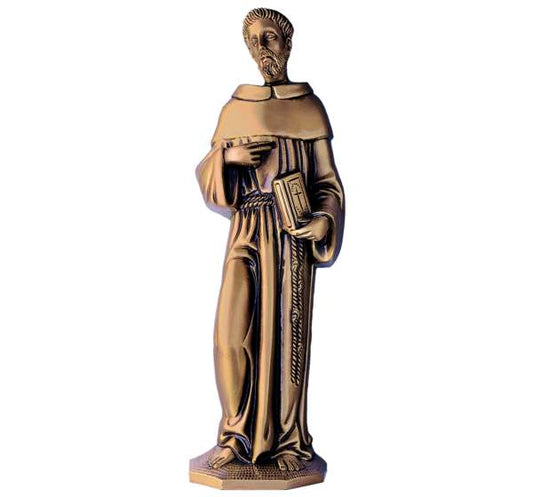 Imagen de San Francisco en bronce fundido de 36 cm (Ref. BR 5080). Instalación mediante taladro con pernos ocultos para una fijación de alta seguridad en lápidas.