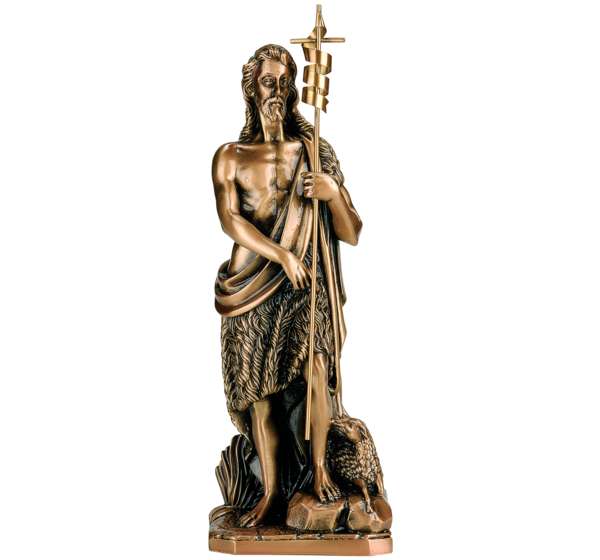 Imagen de San Juan en bronce fundido de 37 cm (Ref. BR 5068). Instalación mediante taladro con pernos ocultos para una fijación de alta seguridad en lápidas.
