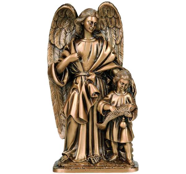 Imagen de San Rafael en bronce fundido de 37 cm (Ref. BR 5062). Instalación mediante taladro con pernos ocultos para una fijación de alta seguridad en lápidas.