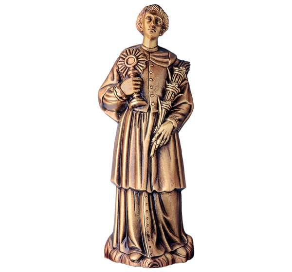 Imagen de San Ramón en bronce fundido de 34 cm (Ref. BR 5314). Instalación mediante taladro con pernos ocultos para una fijación de alta seguridad en lápidas.