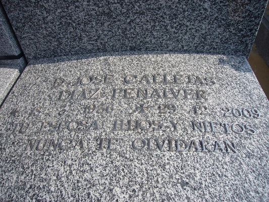 Inscripción en letras romanas de bronce cromadas para sepulturas. Acabado elegante, alta resistencia al exterior y durabilidad garantizada sobre granito y mármol.