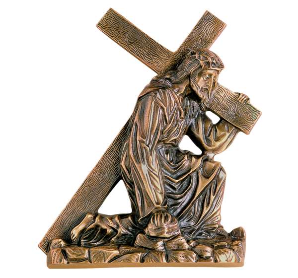 Imagen de Jesús Nazareno en bronce fundido de 34 cm (Ref. BR 5132). Instalación mediante taladro con pernos ocultos para máxima seguridad antirrobo en lápidas.