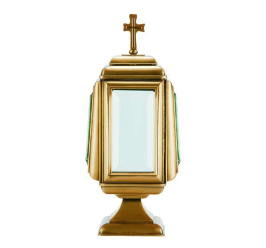 Lámpara funeraria de bronce y cristal para velas, altura 32 cm. Farol resistente para exterior, ideal para lápidas y panteones. Envío a toda España.