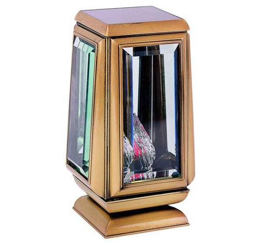Lámpara funeraria de bronce con luz solar para lápidas. Altura 28 cm, farol autónomo sin pilas ni cables, resistente para exterior y envío a toda España.