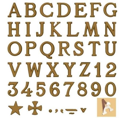 Letras adhesivas romanas de bronce para lápidas, disponibles en 5 cm y 3 cm. Resistentes al exterior, fácil colocación y acabado clásico para inscripciones funerarias.