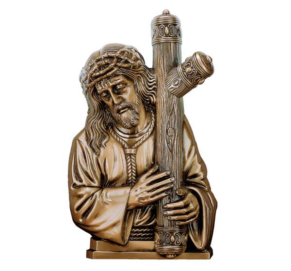 Imagen del Nazareno del Gran Poder en bronce de 36 cm (Ref. BR 5421). Instalación mediante taladro con pernos ocultos para máxima seguridad antirrobo en lápidas.