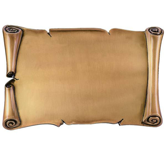 Pergamino de bronce de gran formato para lápidas, apto para posición horizontal o vertical, con fijación a pared y opción de instalación en suelo mediante soporte. Personalizable con grabado en diferentes tipos de letra.
