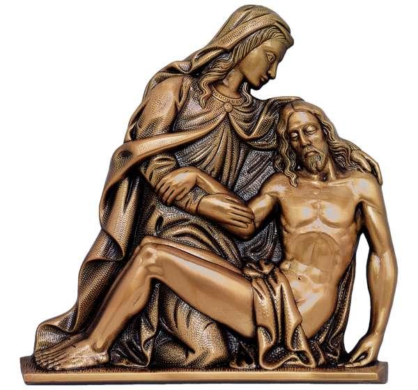 Hermosa escultura en relieve de La Piedad fundida en bronce (34 cm). La pieza central perfecta para dar la máxima solemnidad, arte y fe a lápidas y panteones.