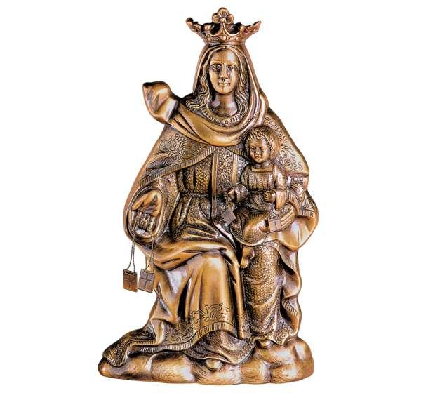 Espectacular relieve de la Virgen del Carmen sentada en bronce (34 cm). Una pieza central monumental y eterna para la decoración de lápidas y panteones.