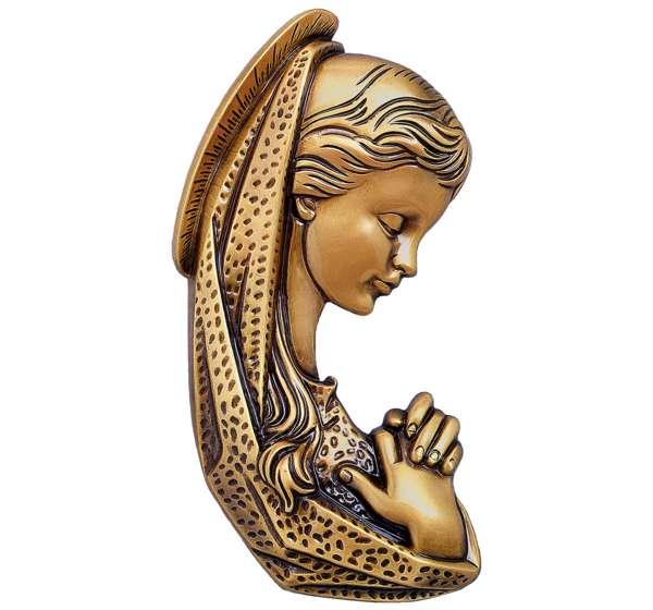 Gran figura de la Virgen Niña en bronce fundido (29 cm). El aplique central perfecto para dar elegancia, dulzura y resistencia eterna a lápidas y panteones.