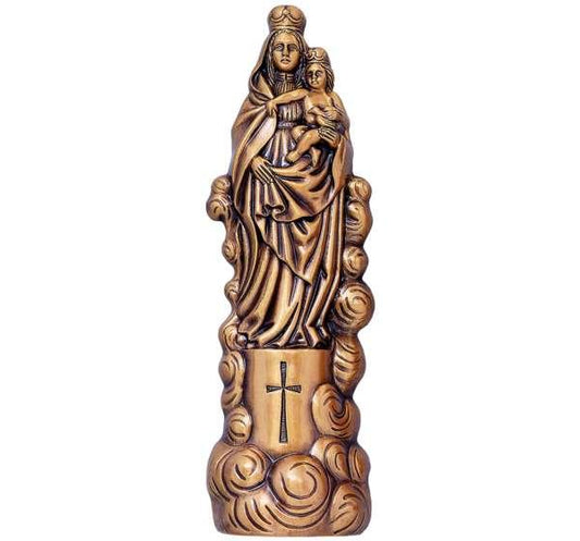 Escultura de la Virgen del Pilar en bronce fundido (39 cm). Un relieve elegante de líneas estilizadas y resistencia eterna, ideal para lápidas y panteones.